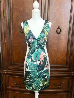 Just Cavalli White Green Tropical Palm Print V-Neck Sheath Mini Dress IT46